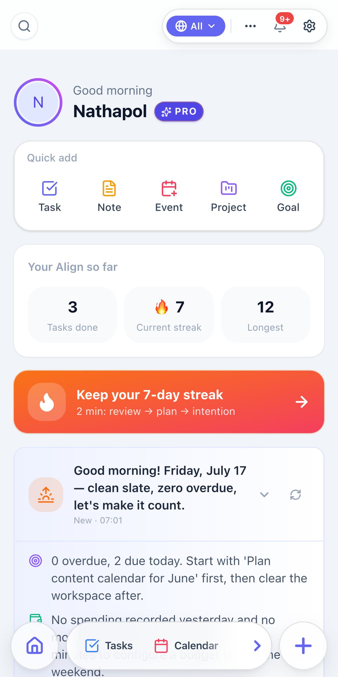 Align home screen — tasks, streak, and AI daily brief