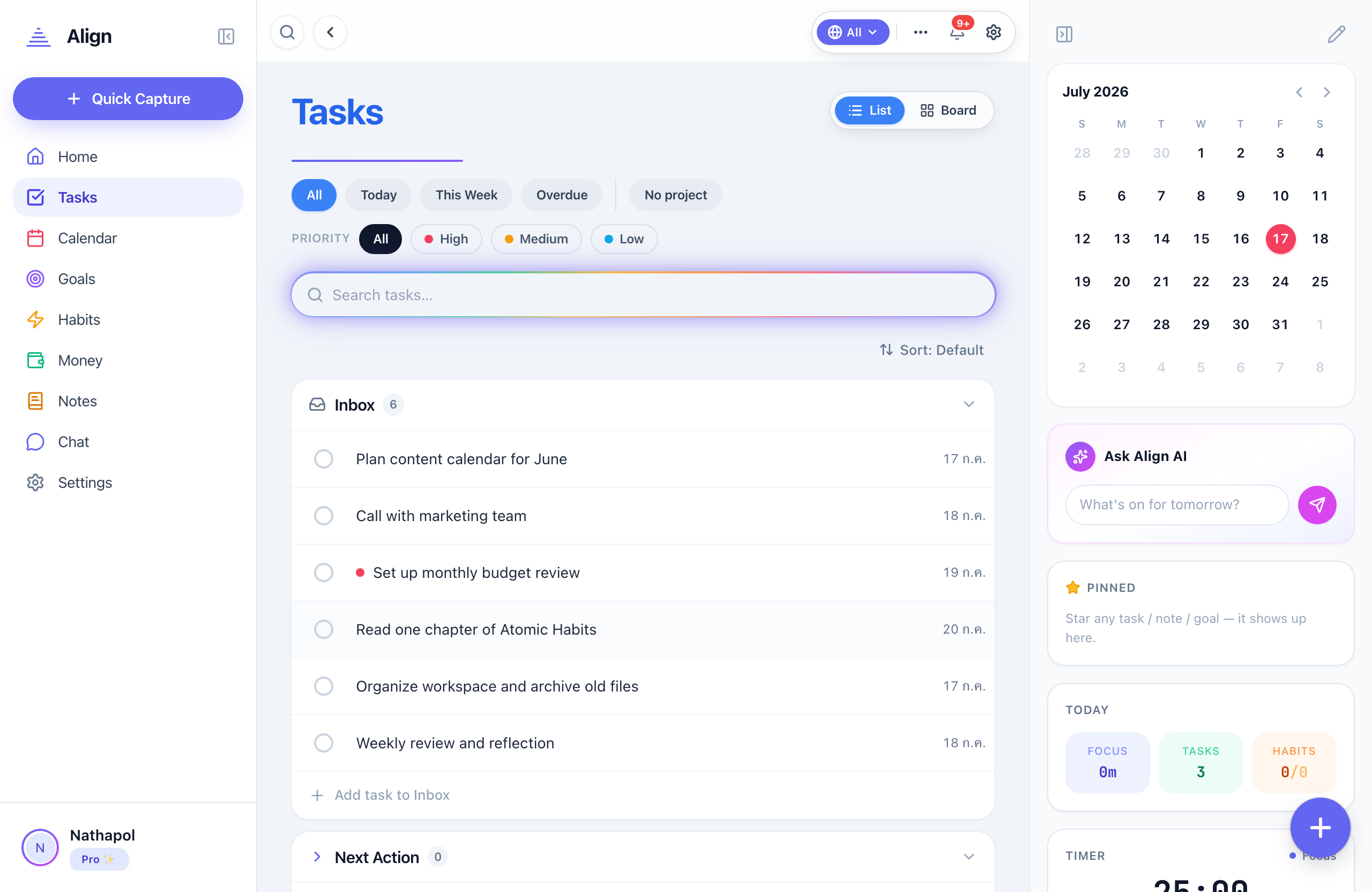 หน้า Tasks ของ Align — list view พร้อม filter และ AI sidebar