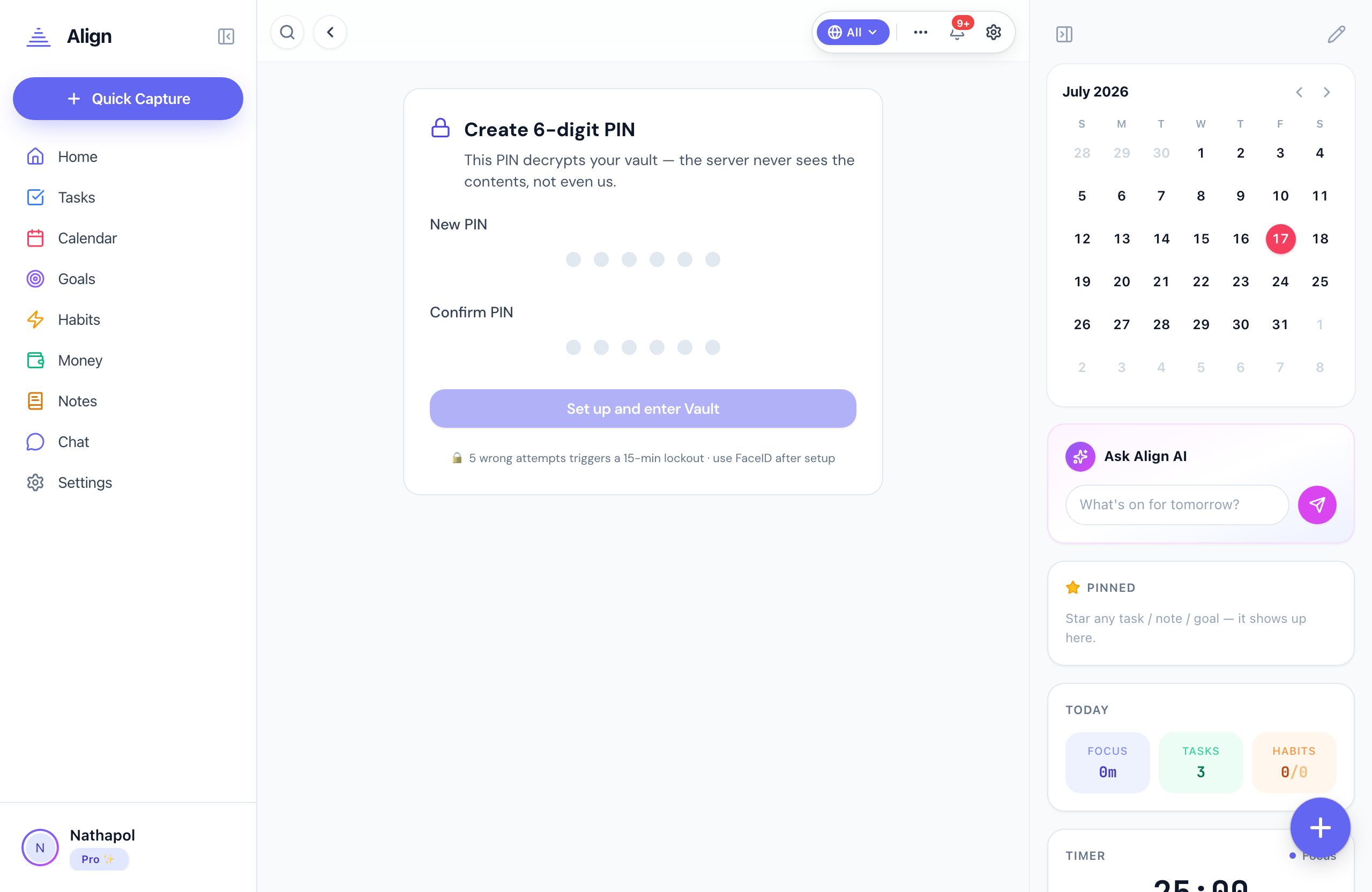 Align Vault — ตั้ง PIN 6 หลัก server ไม่มีทางเห็นข้อมูล